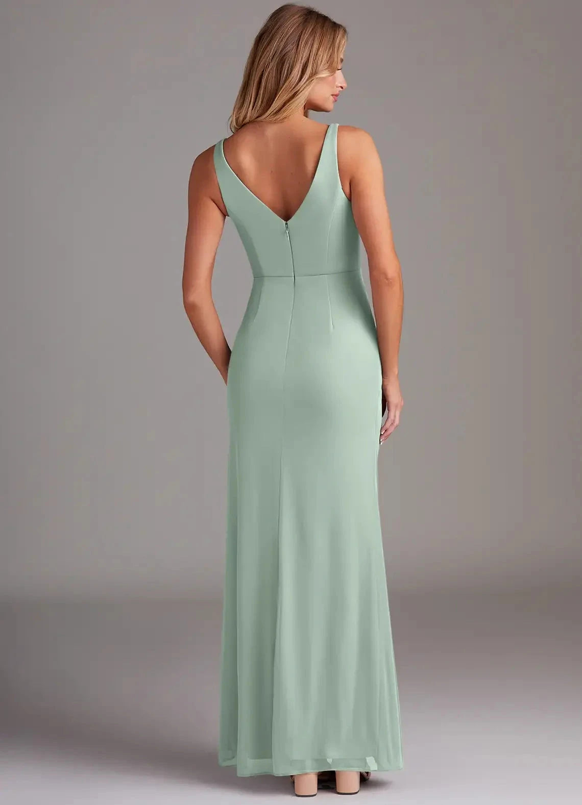 Sage Green V - Neck Maxi Dress with Side Slit Agave Mermaid V-Neck Pleated Mesh Dress Bridesmaid Dresses by YiHuiw