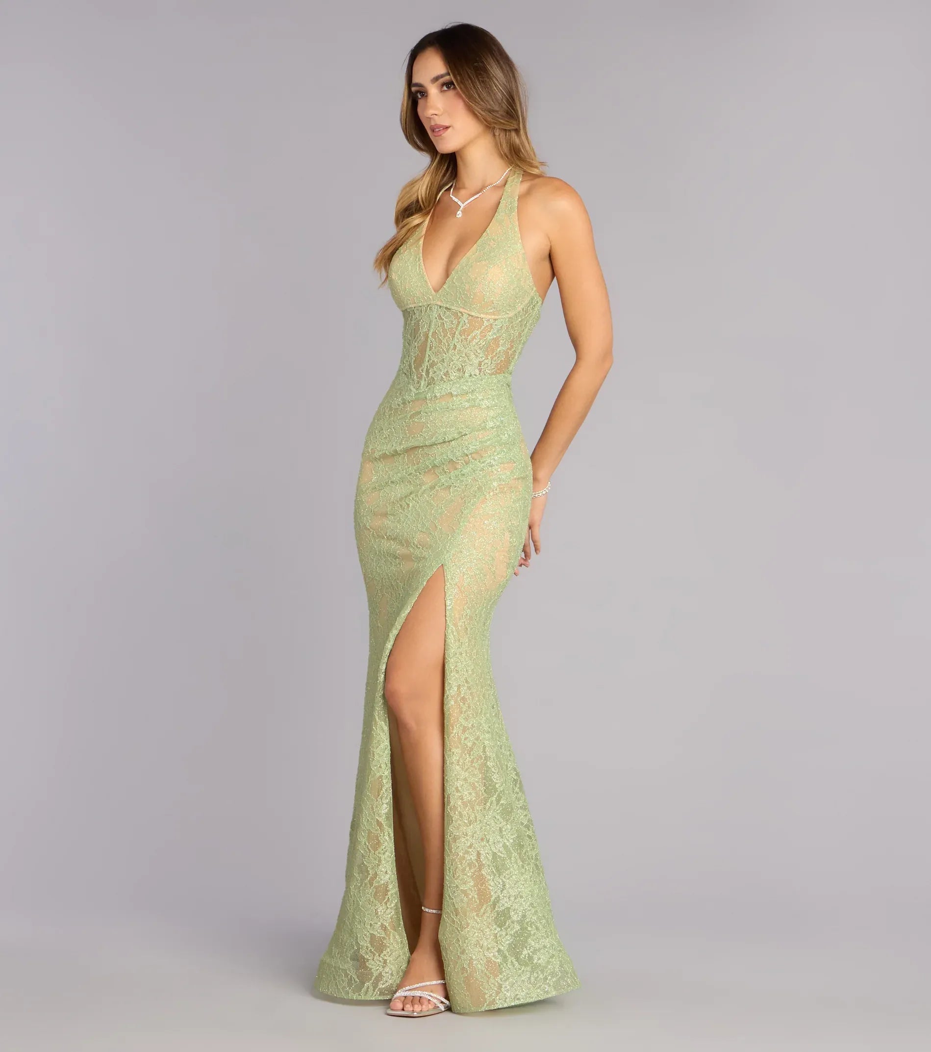 Mermaid Halter Lace Lace-Up Back High Slit Floor-Length Evening Dress - Yihuiw by Yihuiw
