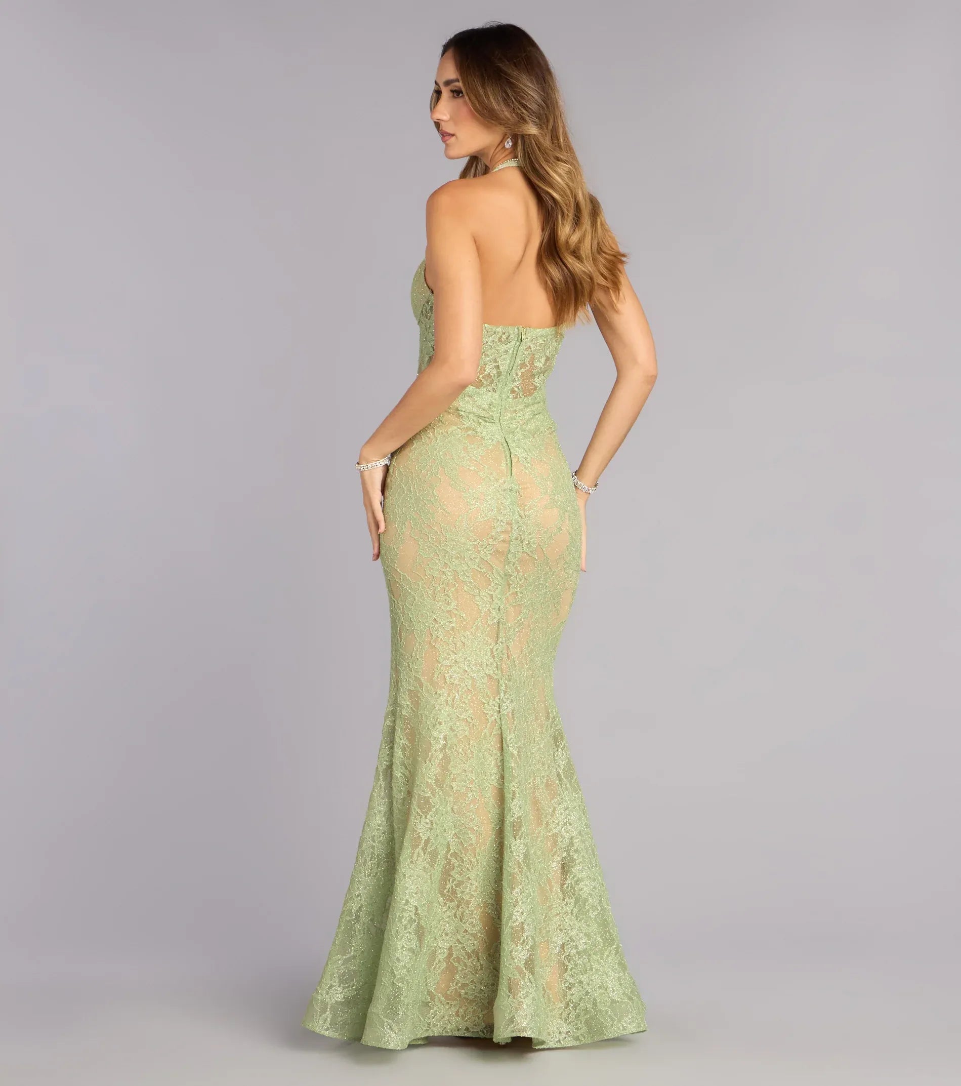 Mermaid Halter Lace Lace-Up Back High Slit Floor-Length Evening Dress - Yihuiw by Yihuiw