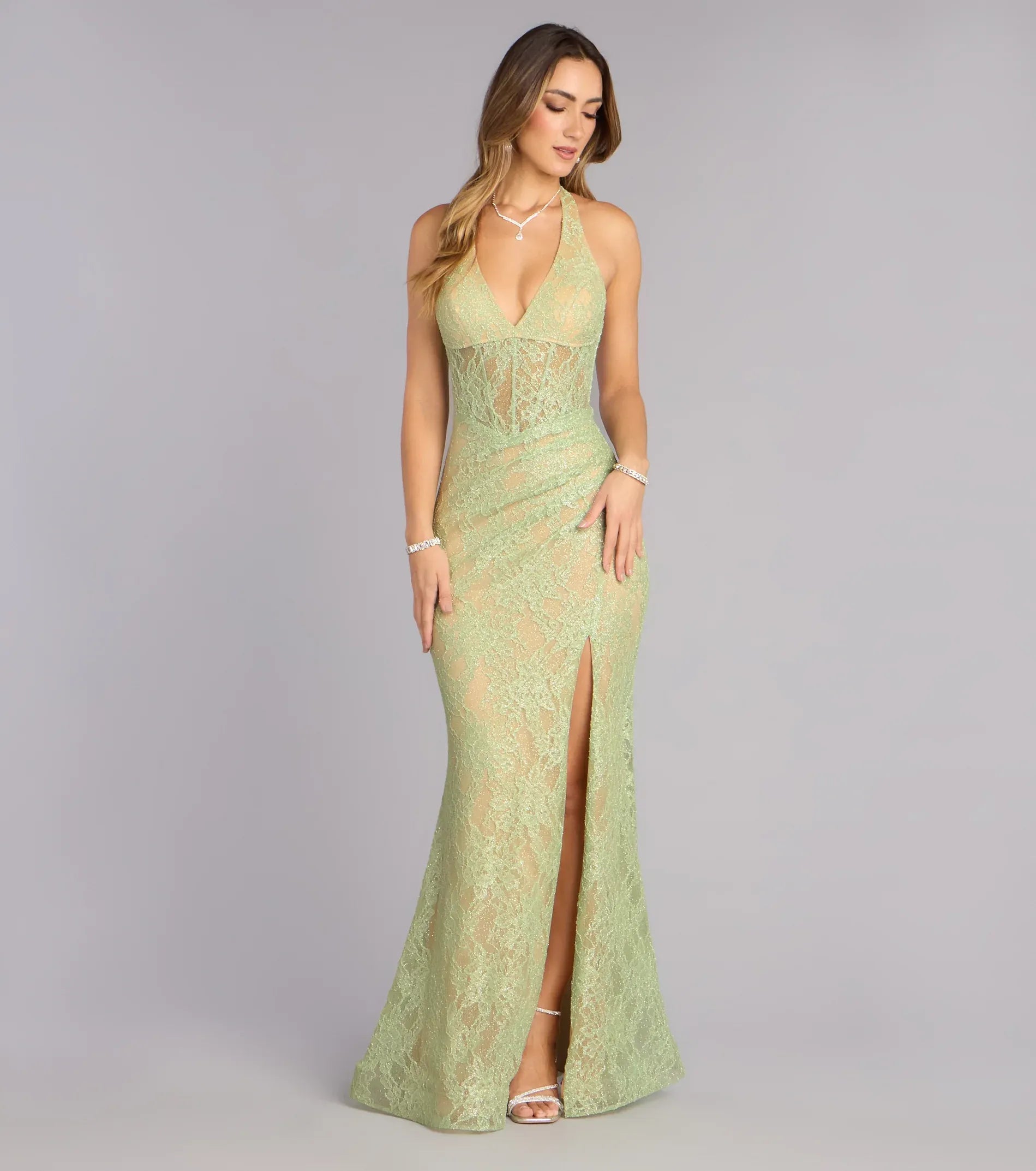 Mermaid Halter Lace Lace-Up Back High Slit Floor-Length Evening Dress - Yihuiw by Yihuiw