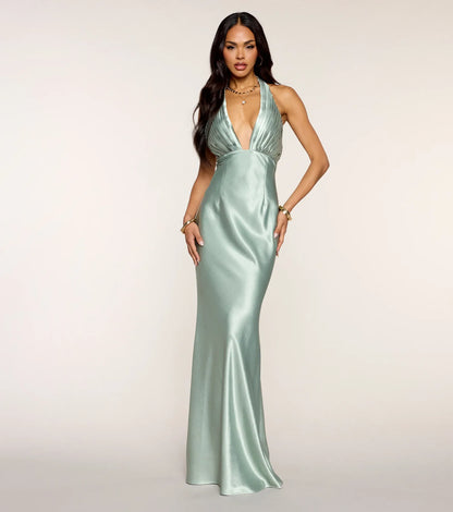 Mermaid Halter Open Back Pleated Floor-Length Wedding Dress - Yihuiw by Yihuiw