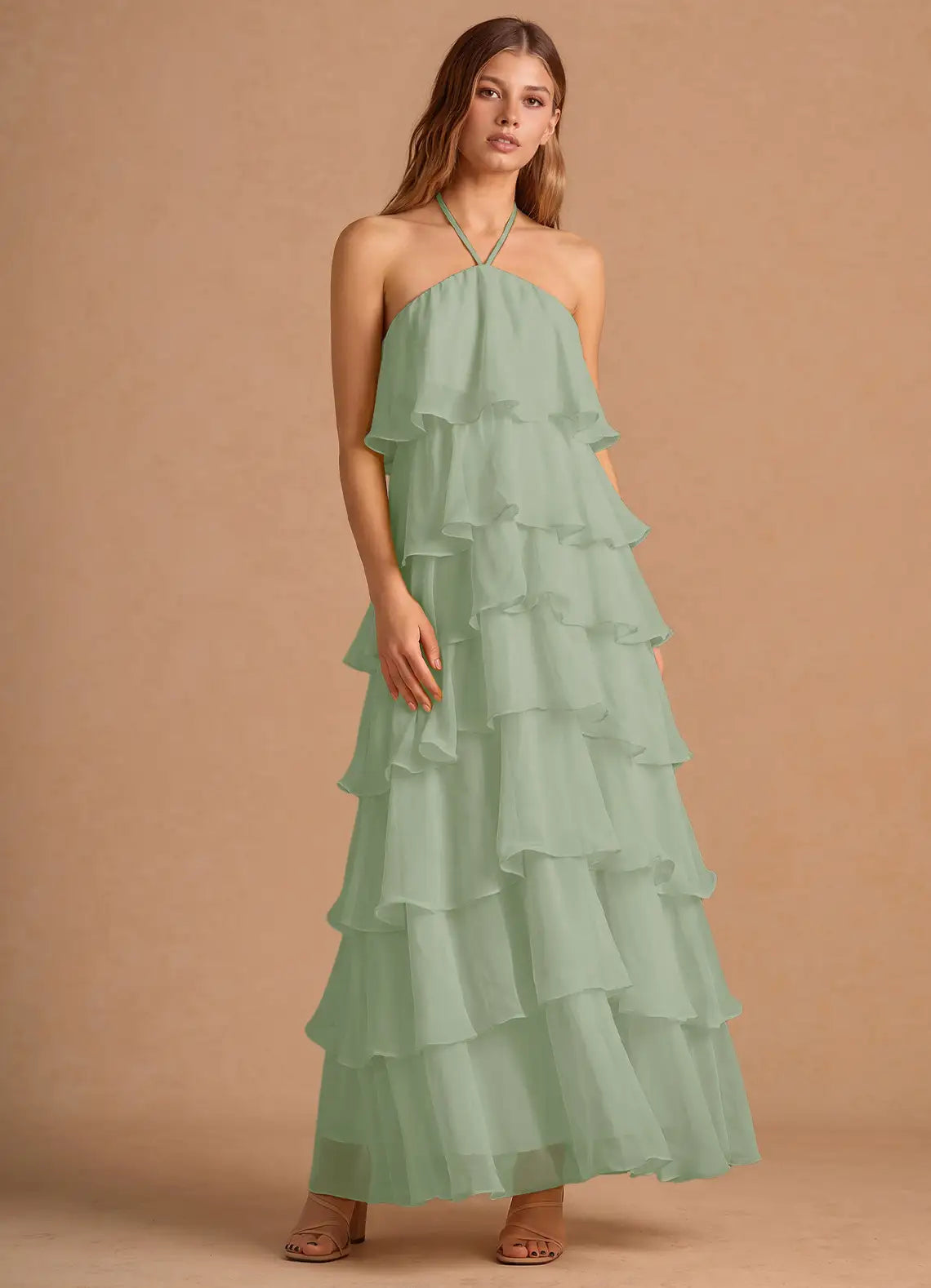 Multi Halter Chiffon Ruffled Floor-Length Wedding Dress - Yihuiw by Yihuiw