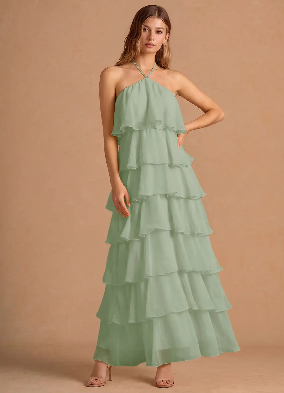 Multi Halter Chiffon Ruffled Floor-Length Wedding Dress - Yihuiw by Yihuiw