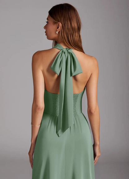 Halter Satin High Slit Floor-Length Wedding Dress - Yihuiw by Yihuiw