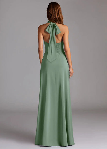Halter Satin High Slit Floor-Length Wedding Dress - Yihuiw by Yihuiw