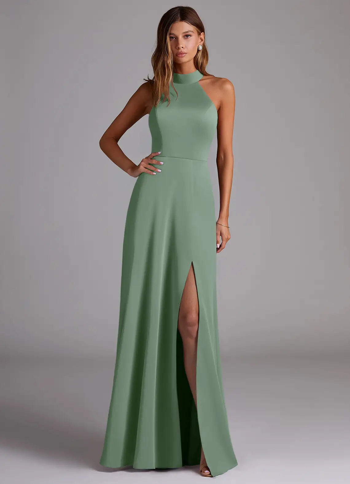 Halter Satin High Slit Floor-Length Wedding Dress - Yihuiw by Yihuiw