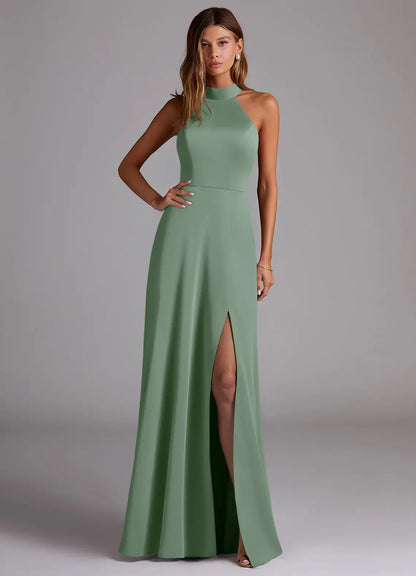 Halter Satin High Slit Floor-Length Wedding Dress - Yihuiw by Yihuiw