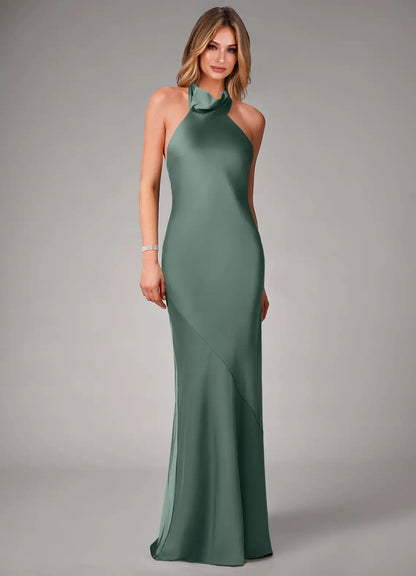 Mermaid Halter Satin Open Back Floor-Length Wedding Dress - Yihuiw by Yihuiw