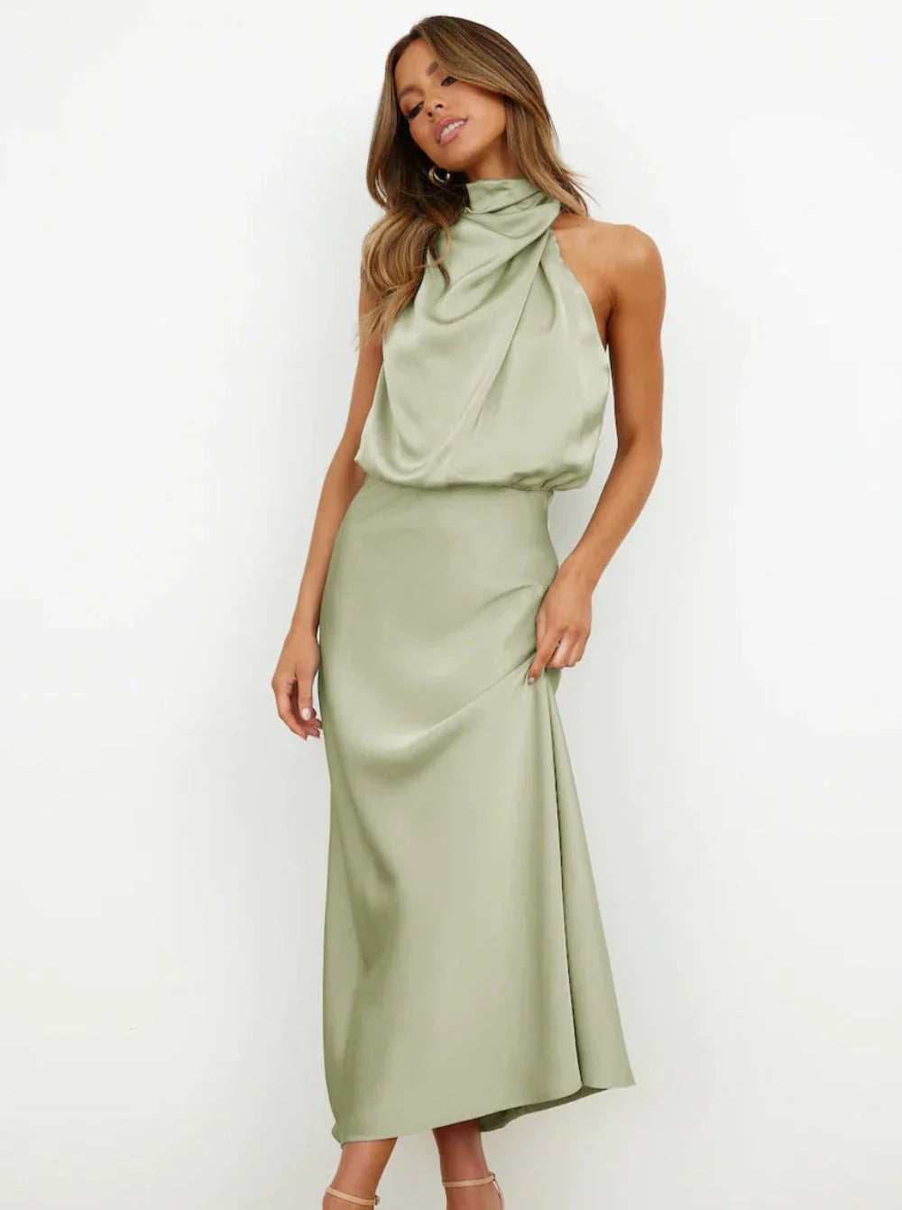 Halter Sleeveless Midi Wedding Dress - Yihuiw by Yihuiw