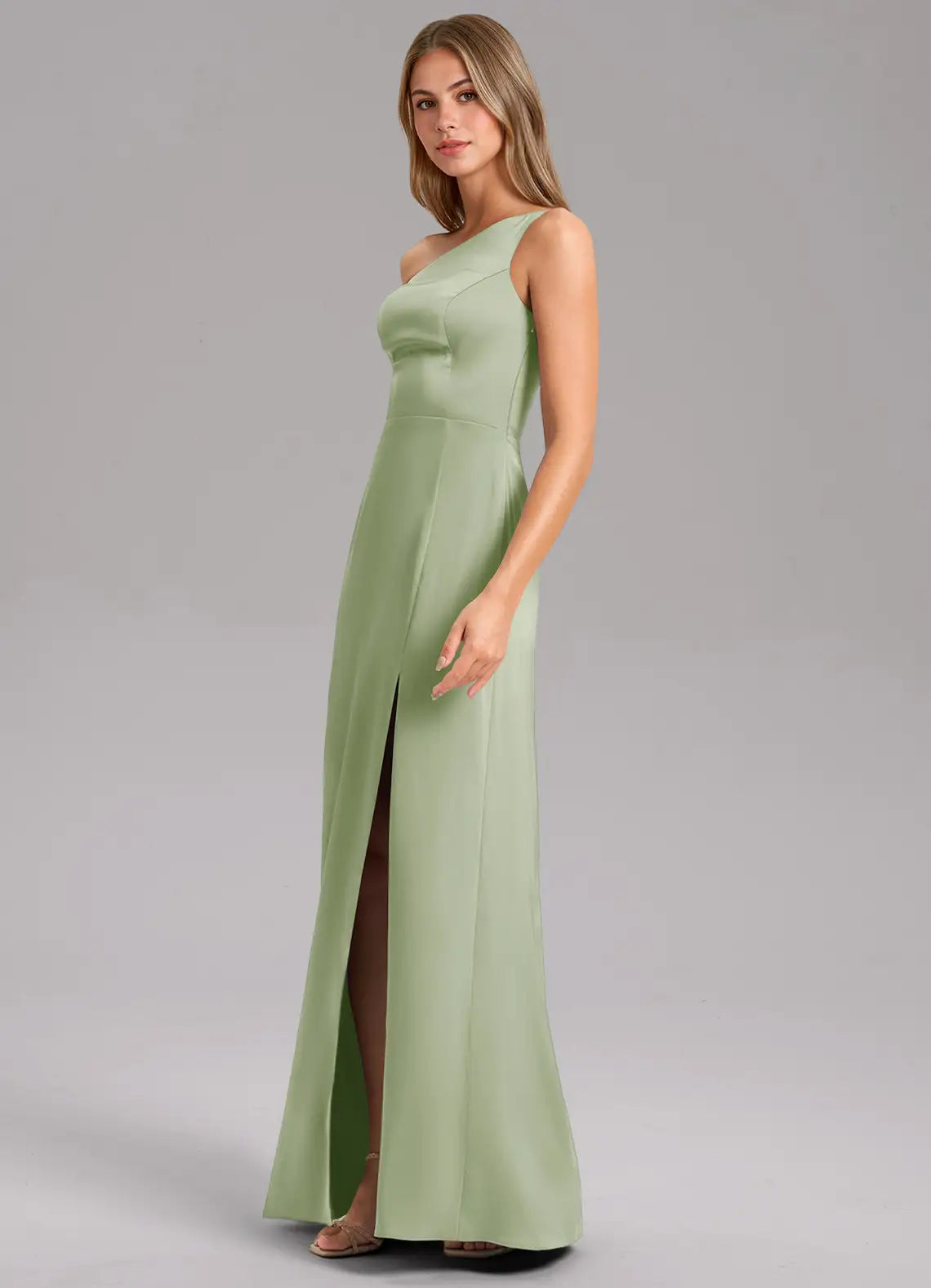 One-Shoulder Satin High Slit Floor-Length Wedding Dress - Yihuiw by Yihuiw