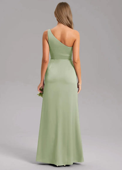 One-Shoulder Satin High Slit Floor-Length Wedding Dress - Yihuiw by Yihuiw