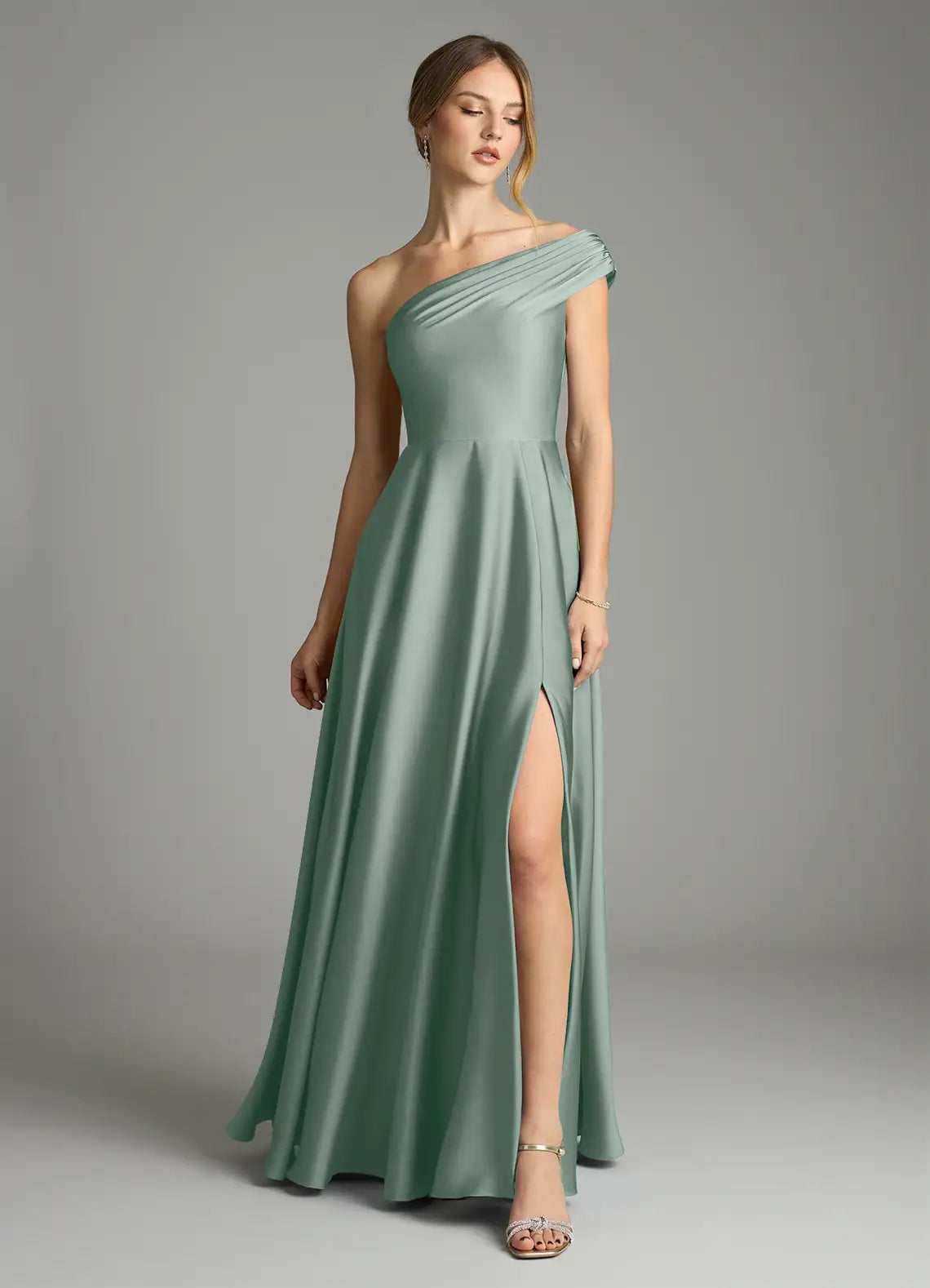 A-Line One-Shoulder Satin High Slit Floor-Length Wedding Dress - Yihuiw by Yihuiw