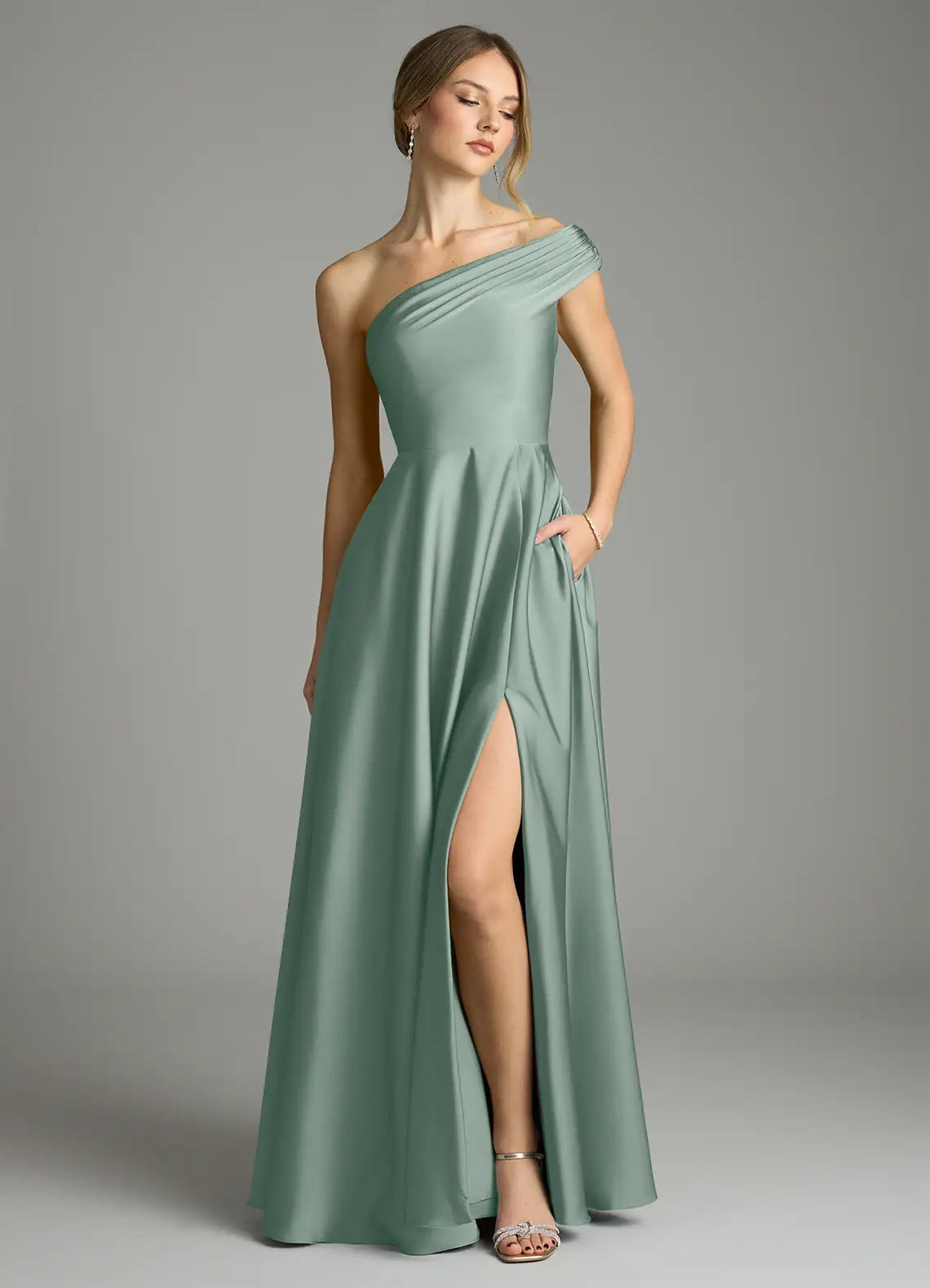 A-Line One-Shoulder Satin High Slit Floor-Length Wedding Dress - Yihuiw by Yihuiw