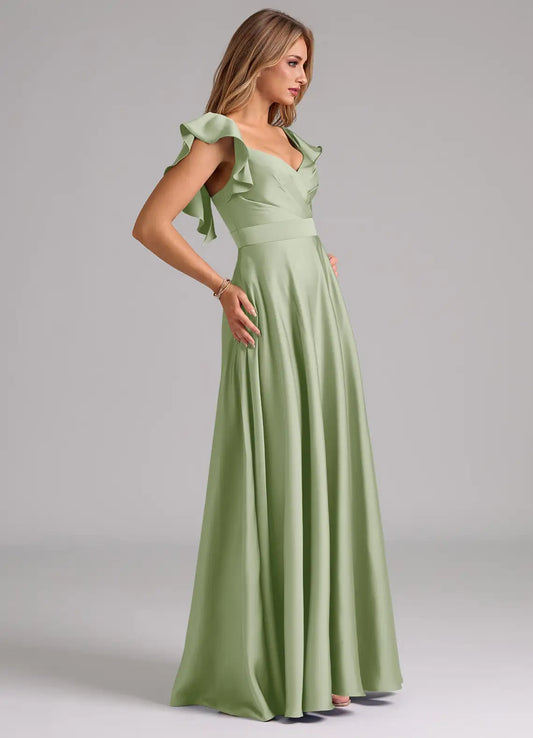 A-Line Sweetheart Satin Cap Sleeve Ruffled Floor-Length Wedding Dress - Yihuiw by Yihuiw