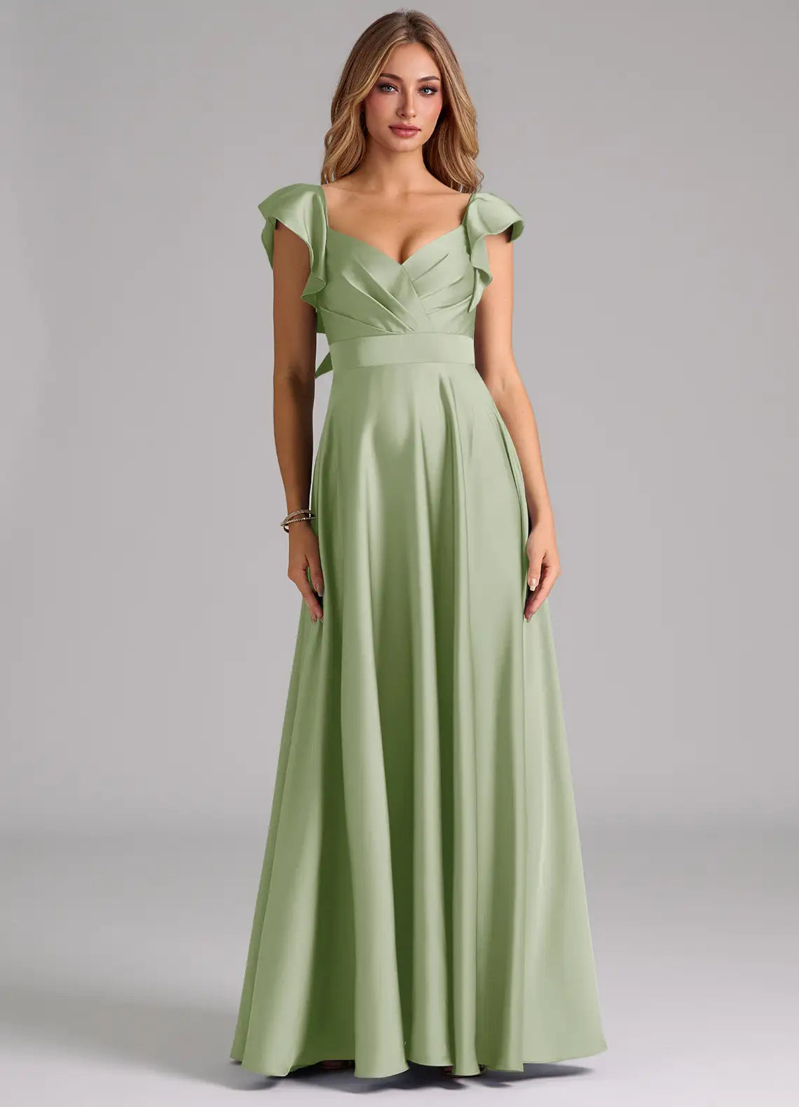 A-Line Sweetheart Satin Cap Sleeve Ruffled Floor-Length Wedding Dress - Yihuiw by Yihuiw