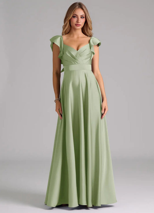 A-Line Sweetheart Satin Cap Sleeve Ruffled Floor-Length Wedding Dress - Yihuiw by Yihuiw
