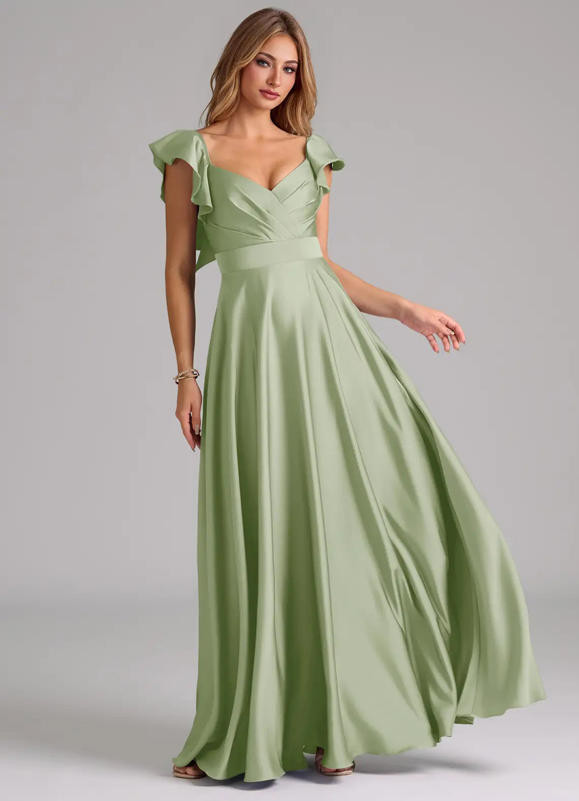 A-Line Sweetheart Satin Cap Sleeve Ruffled Floor-Length Wedding Dress - Yihuiw by Yihuiw