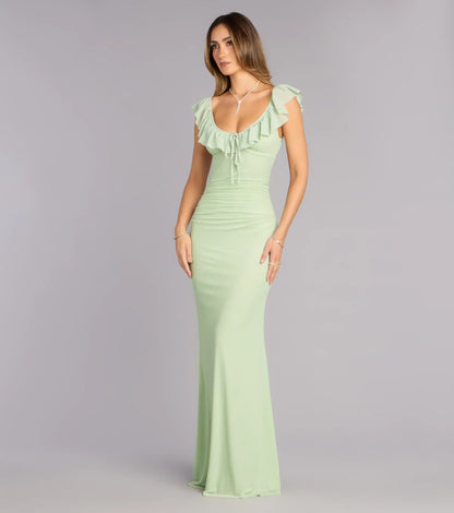 Mermaid Cap Sleeve Ruffled Floor-Length Wedding Dress - Yihuiw by Yihuiw