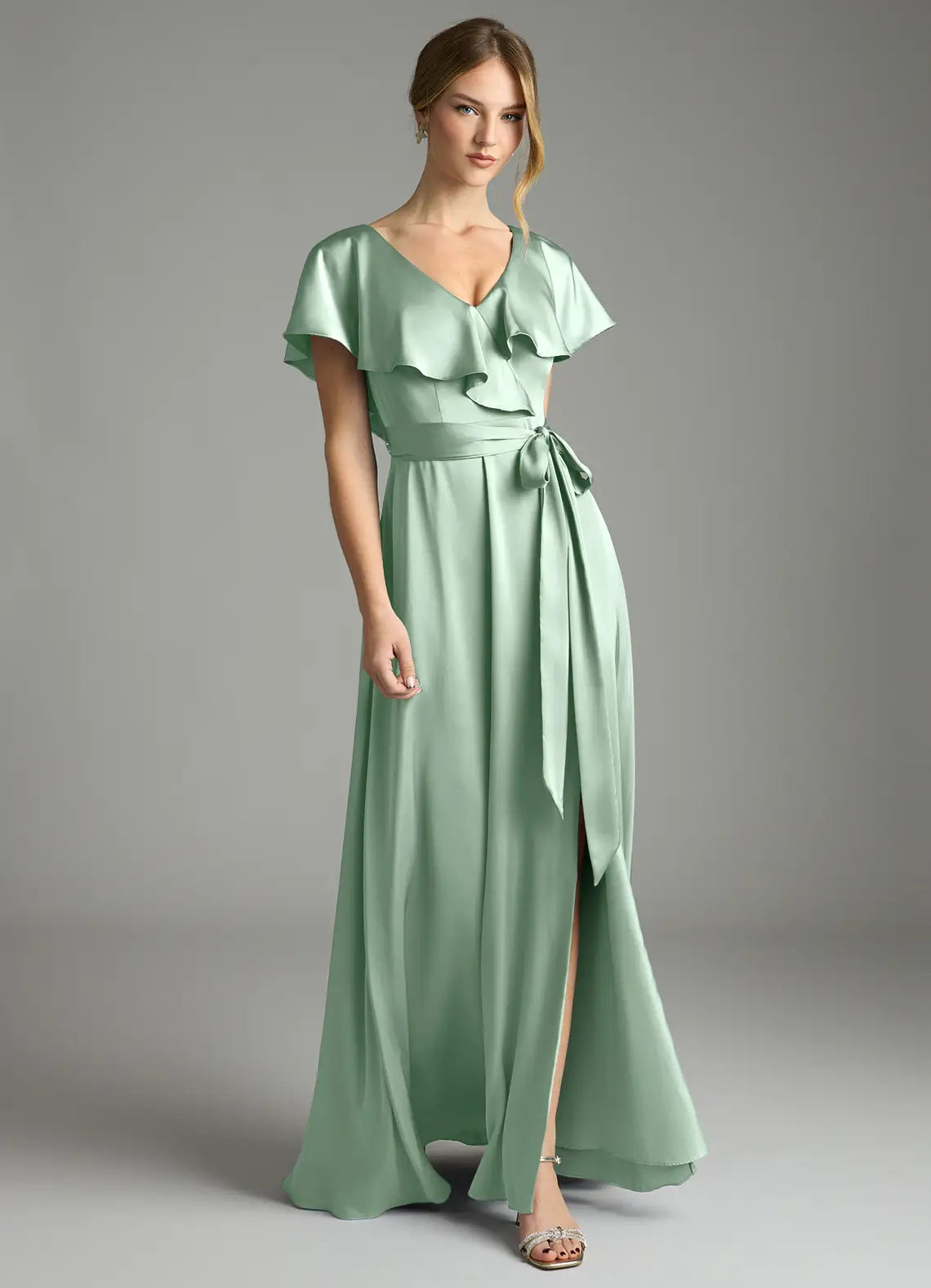 V-Neck Satin High Slit Floor-Length Wedding Dress - Yihuiw by Yihuiw