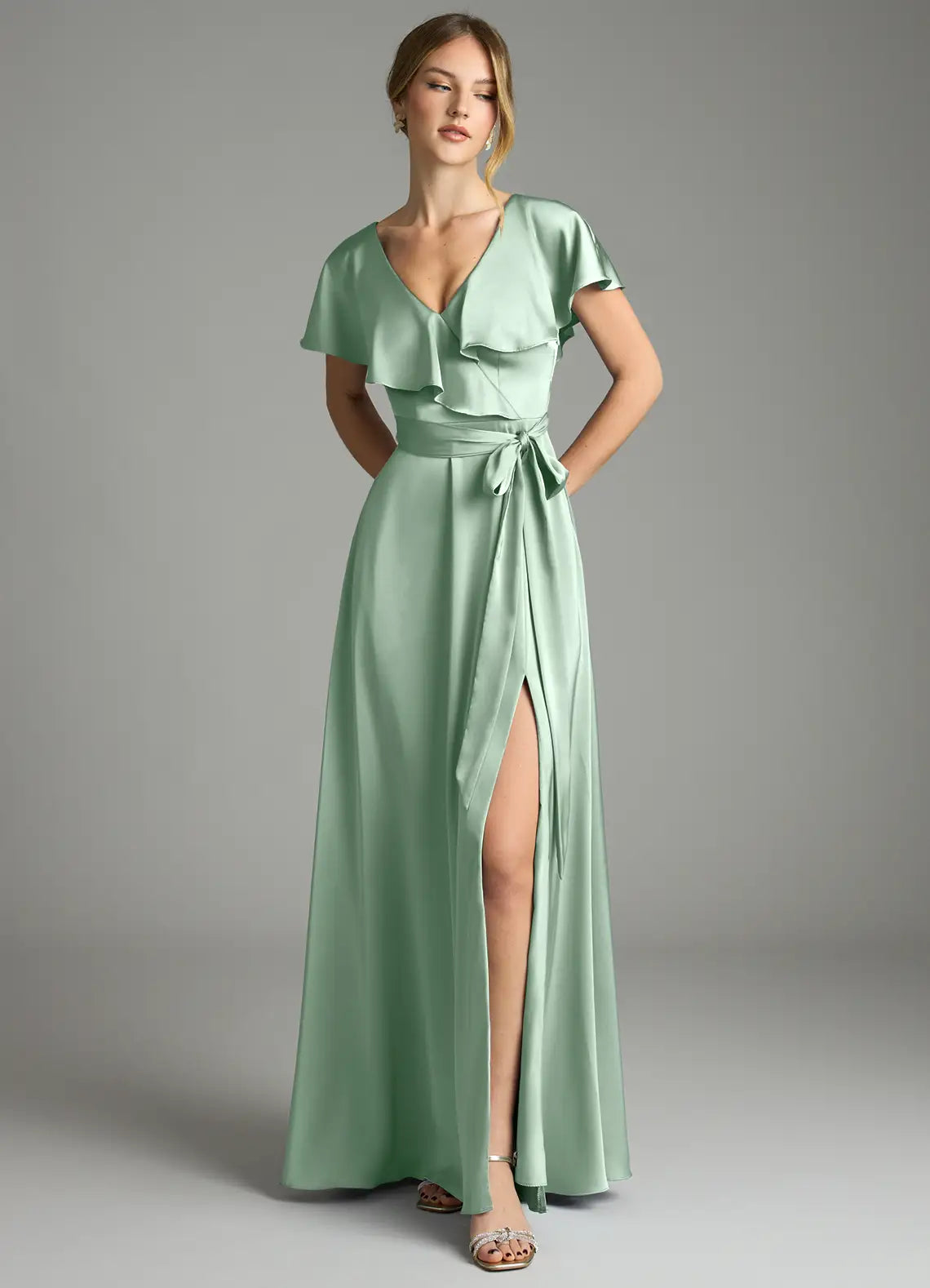 V-Neck Satin High Slit Floor-Length Wedding Dress - Yihuiw by Yihuiw