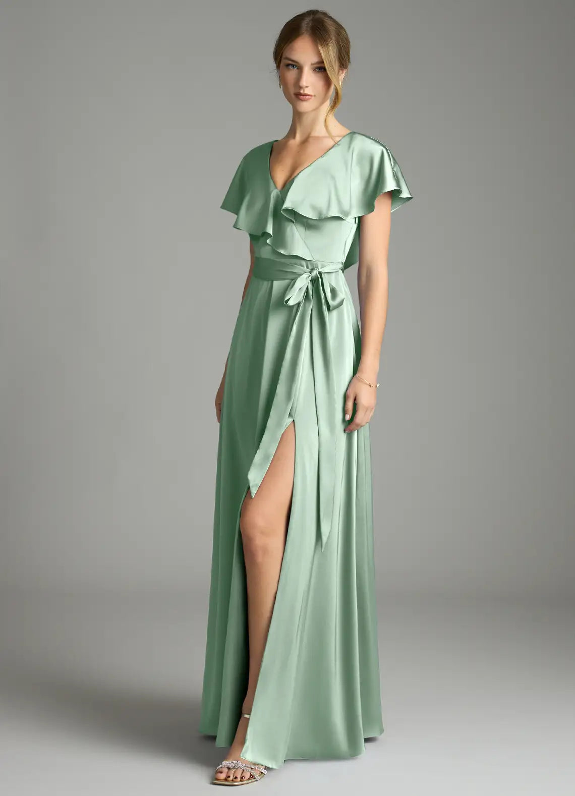 V-Neck Satin High Slit Floor-Length Wedding Dress - Yihuiw by Yihuiw