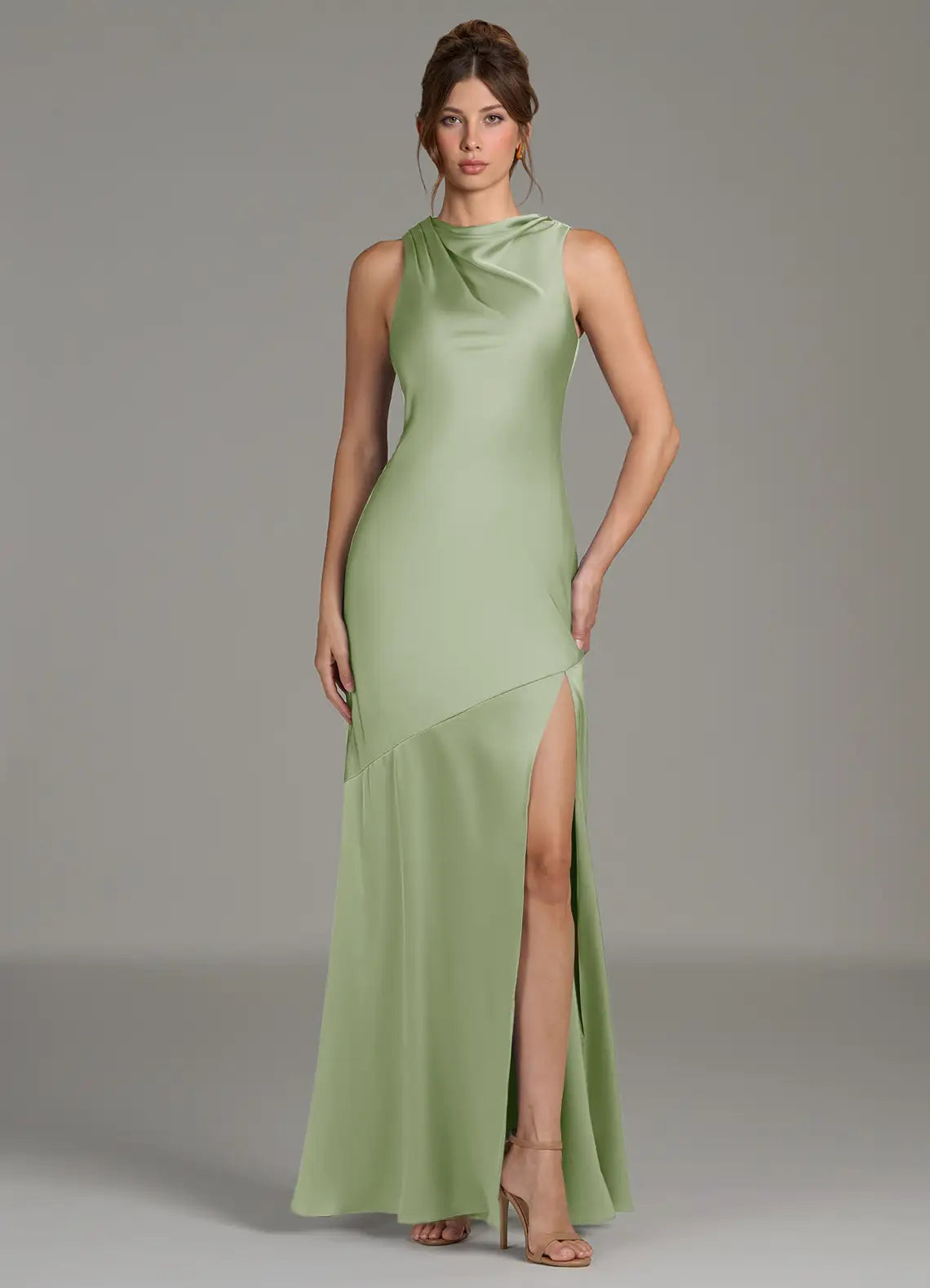 Mermaid Mock Neck Satin Sleeveless High Slit Floor-Length Wedding Dress - Yihuiw by Yihuiw