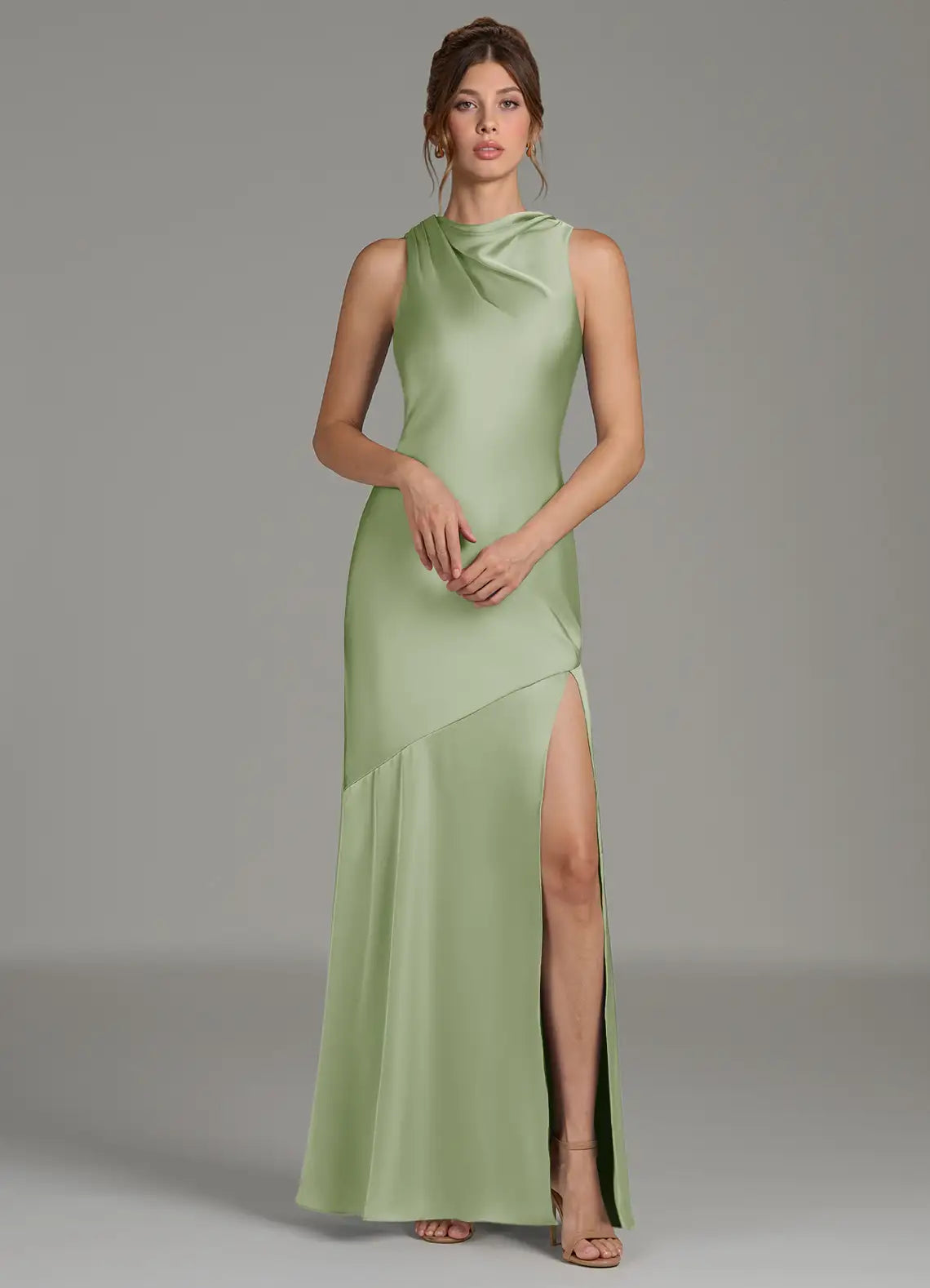 Mermaid Mock Neck Satin Sleeveless High Slit Floor-Length Wedding Dress - Yihuiw by Yihuiw