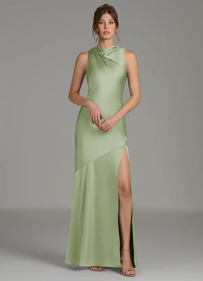 Mermaid Mock Neck Satin Sleeveless High Slit Floor-Length Wedding Dress - Yihuiw by Yihuiw