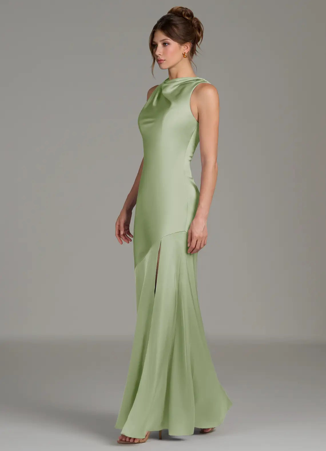 Mermaid Mock Neck Satin Sleeveless High Slit Floor-Length Wedding Dress - Yihuiw by Yihuiw