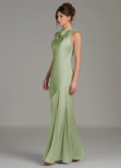 Mermaid Mock Neck Satin Sleeveless High Slit Floor-Length Wedding Dress - Yihuiw by Yihuiw