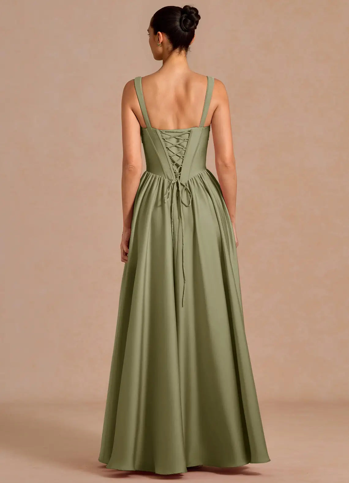 Spaghetti Strap Satin Lace-Up Back High Slit Floor-Length Wedding Dress - Yihuiw by Yihuiw