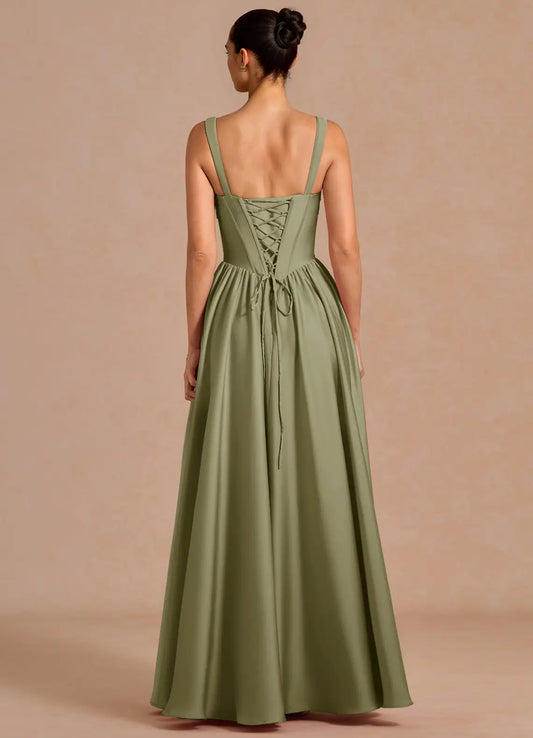Spaghetti Strap Satin Lace-Up Back High Slit Floor-Length Wedding Dress - Yihuiw by Yihuiw