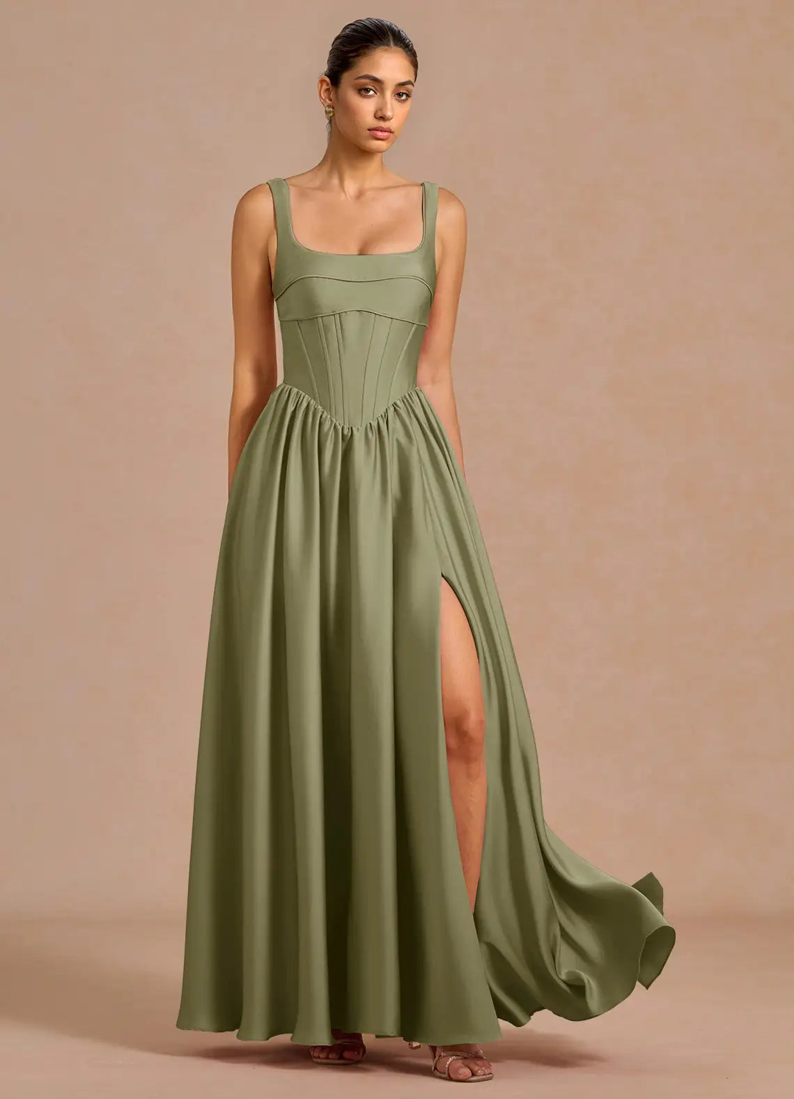 Spaghetti Strap Satin Lace-Up Back High Slit Floor-Length Wedding Dress - Yihuiw by Yihuiw
