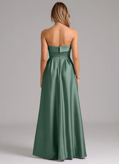 A-Line Strapless Satin Pleated Floor-Length Wedding Dress - Yihuiw by Yihuiw