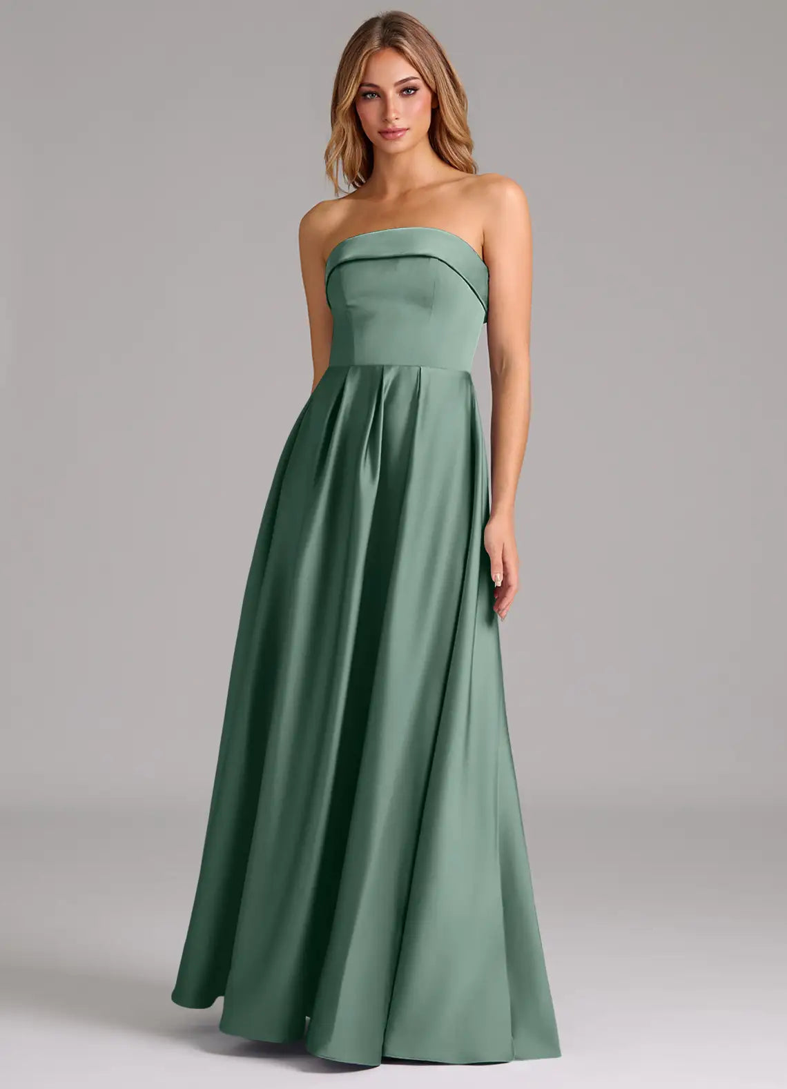 A-Line Strapless Satin Pleated Floor-Length Wedding Dress - Yihuiw by Yihuiw