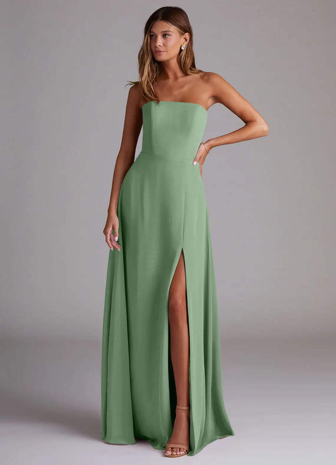A-Line Strapless Chiffon High Slit Floor-Length Wedding Dress - Yihuiw by Yihuiw