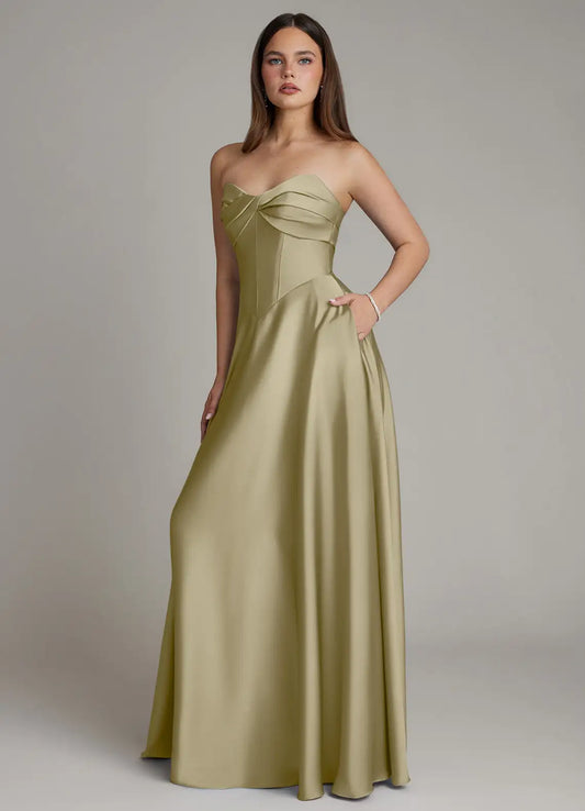 A-Line Strapless Satin Lace-Up Back Floor-Length Wedding Dress - Yihuiw by Yihuiw