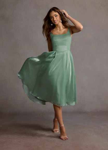 Spaghetti Strap Satin Midi Wedding Dress - Yihuiw by Yihuiw