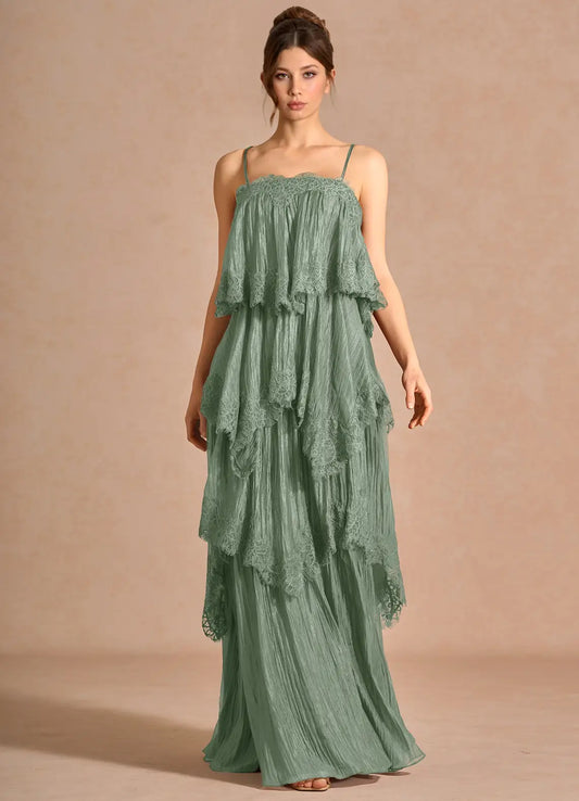 Spaghetti Strap Lace Tiered Floor-Length Wedding Dress - Yihuiw by Yihuiw