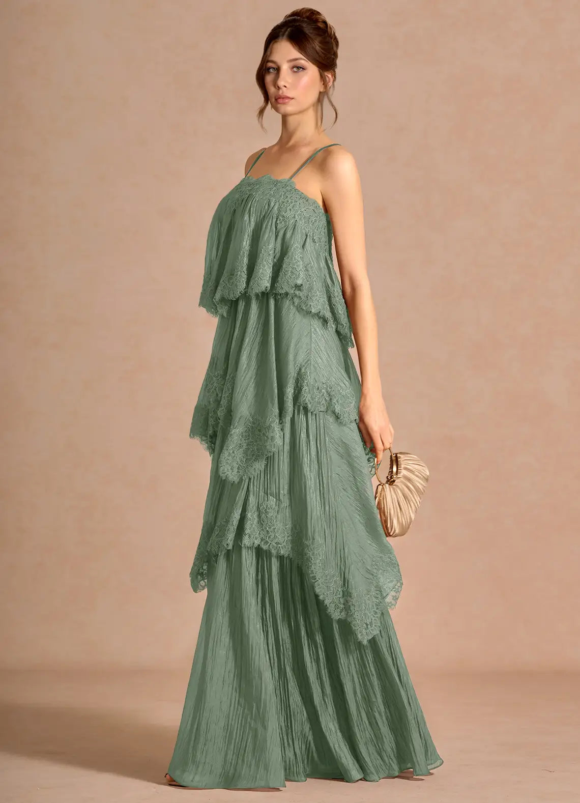 Spaghetti Strap Lace Tiered Floor-Length Wedding Dress - Yihuiw by Yihuiw