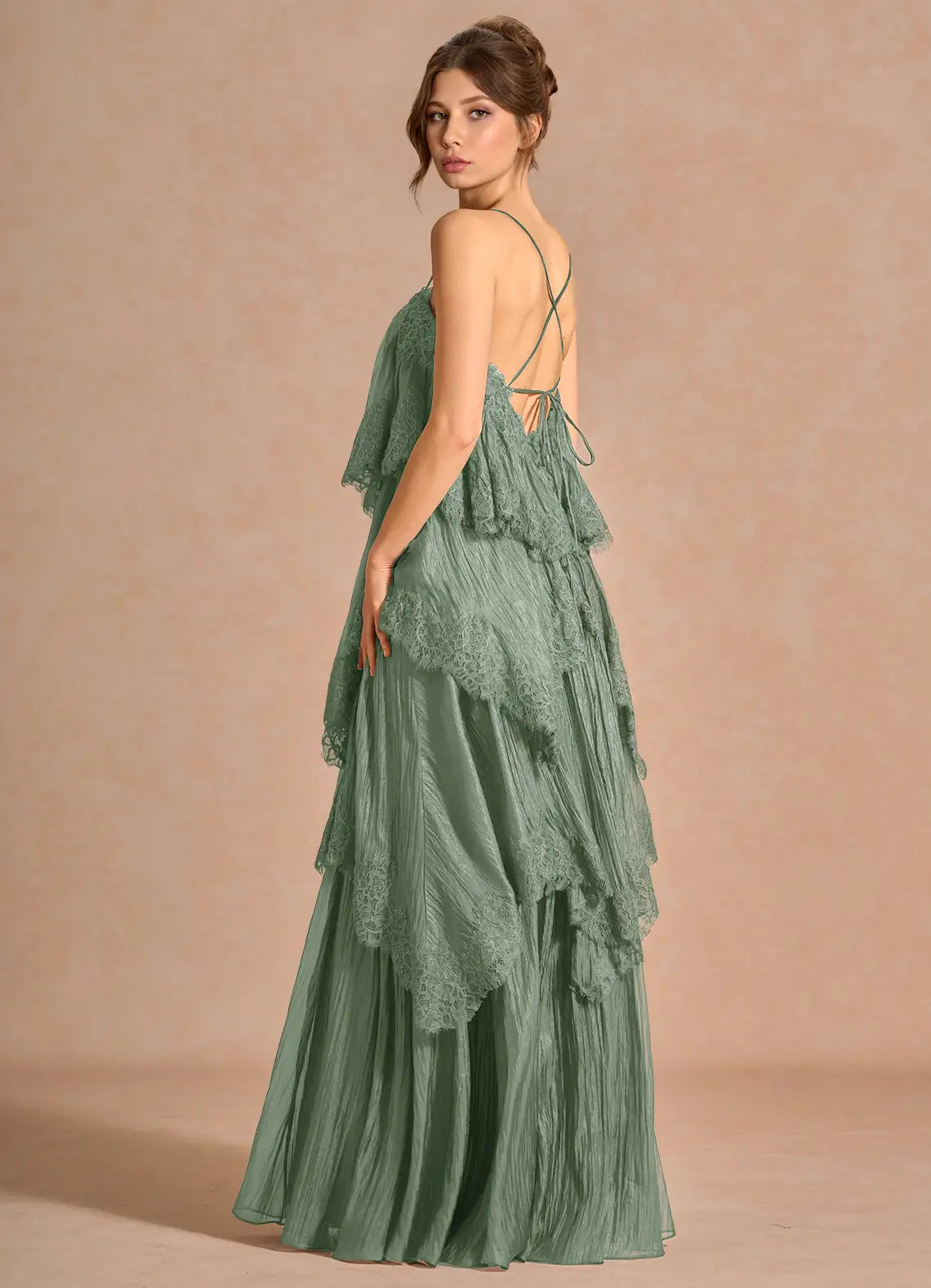 Spaghetti Strap Lace Tiered Floor-Length Wedding Dress - Yihuiw by Yihuiw