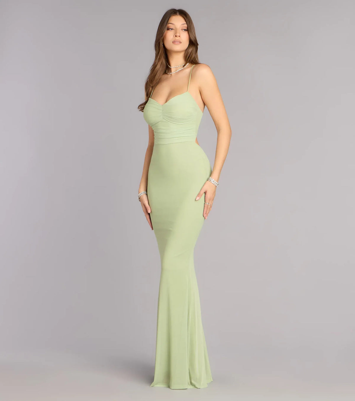 Mermaid Spaghetti Strap Lace Lace-Up Back Ruched Floor-Length Wedding Dress - Yihuiw by Yihuiw