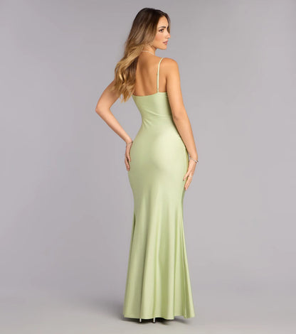 Mermaid Spaghetti Strap Satin High Slit Floor-Length Wedding Dress - Yihuiw by Yihuiw