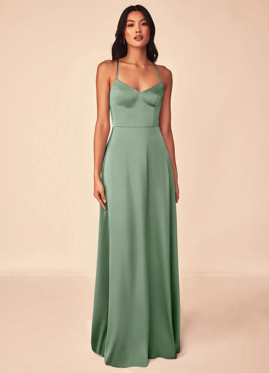 A-Line V-Neck Satin Lace-Up Back Floor-Length Wedding Dress - Yihuiw by Yihuiw