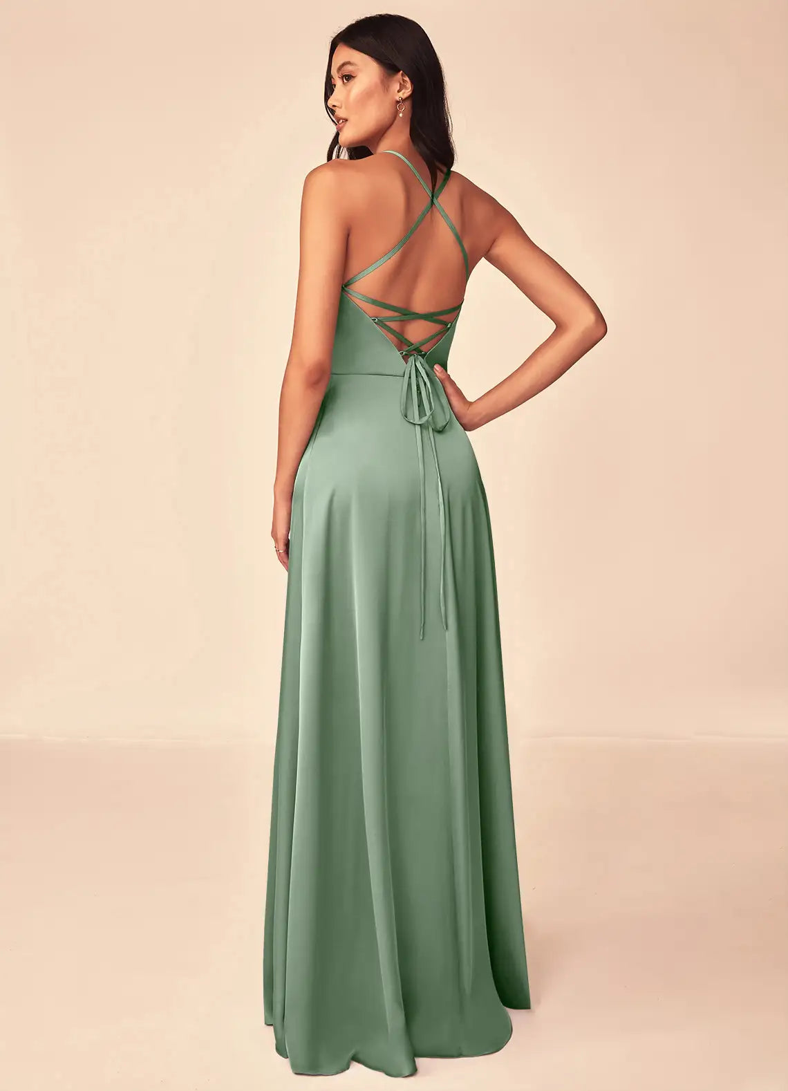 A-Line V-Neck Satin Lace-Up Back Floor-Length Wedding Dress - Yihuiw by Yihuiw