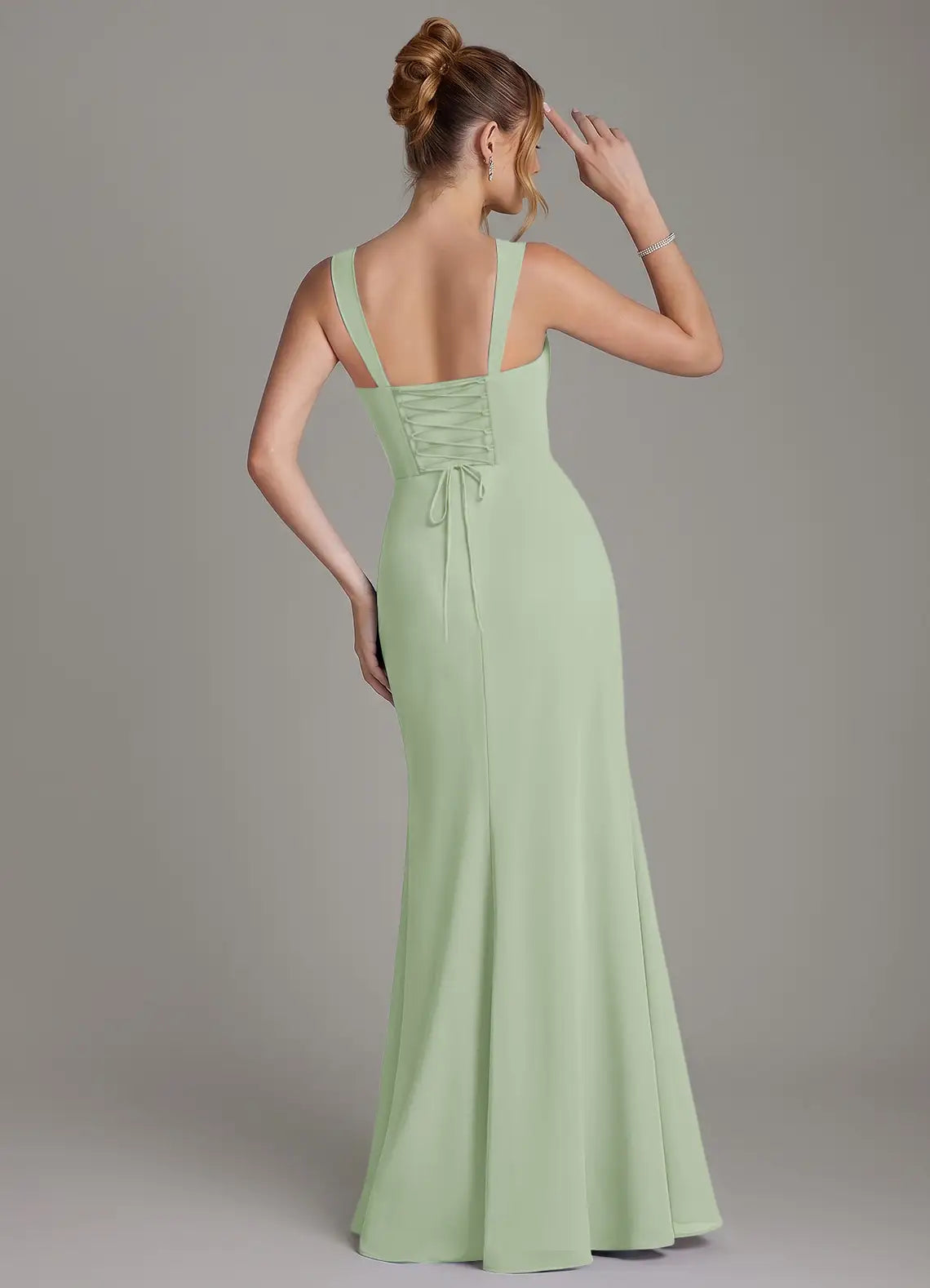 Mermaid Square Neck Chiffon Lace-Up Back Ruched Floor-Length Wedding Dress - Yihuiw by Yihuiw
