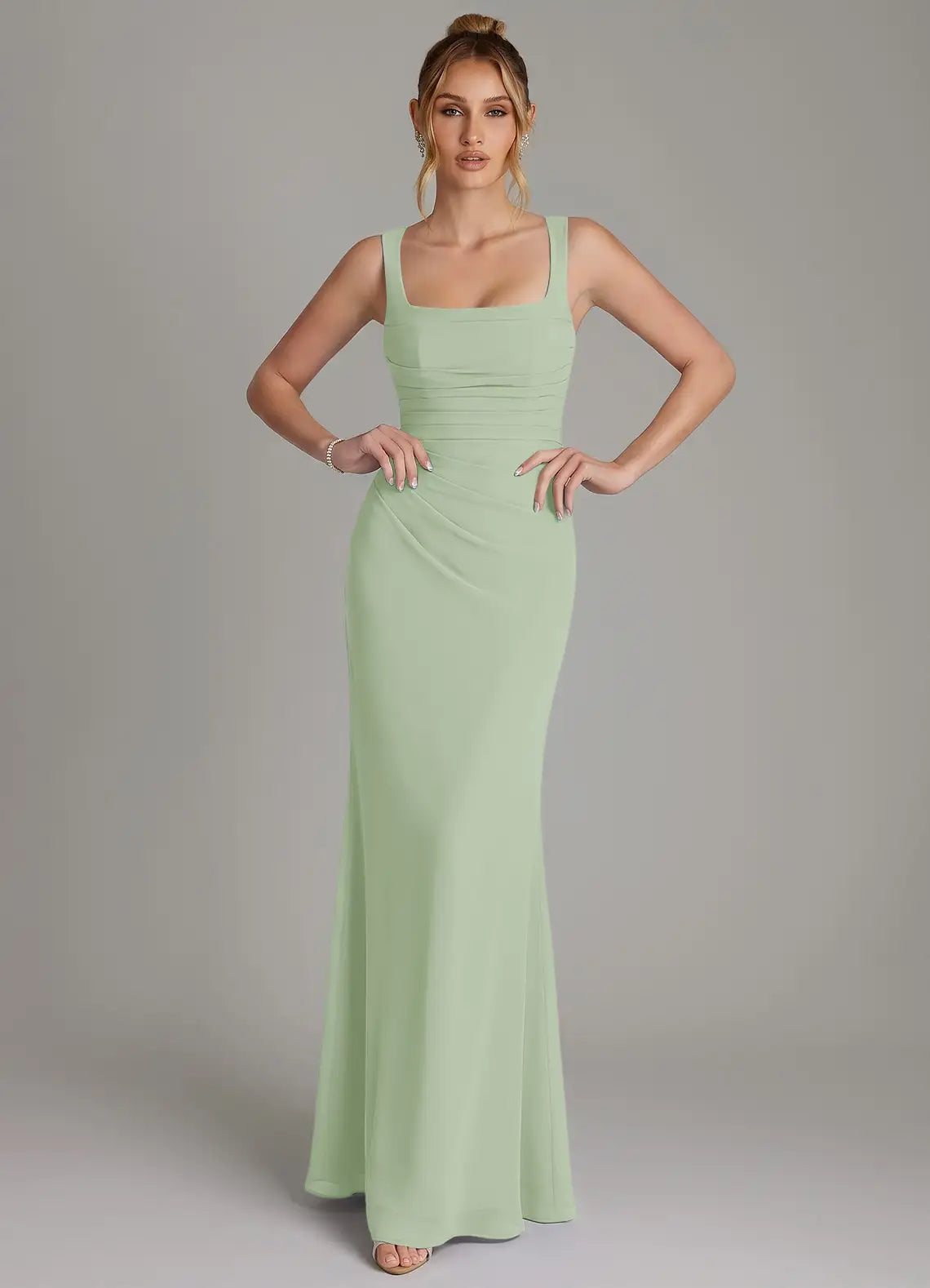 Mermaid Square Neck Chiffon Lace-Up Back Ruched Floor-Length Wedding Dress - Yihuiw by Yihuiw