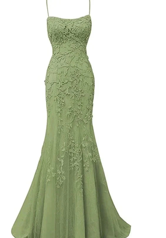 Sage Green Lace Appliques Long Prom Dress Mermaid Spaghetti Straps Evening Dresses simple gentle atmospheric and unique desi Bring summer colors to enhance whiteness by YiHuiw