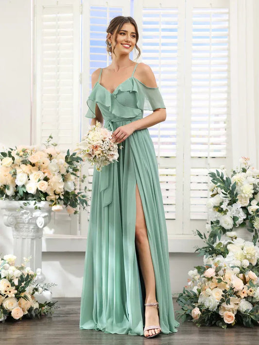 Spaghetti Strap Chiffon High Slit Wedding Dress - Yihuiw by Yihuiw
