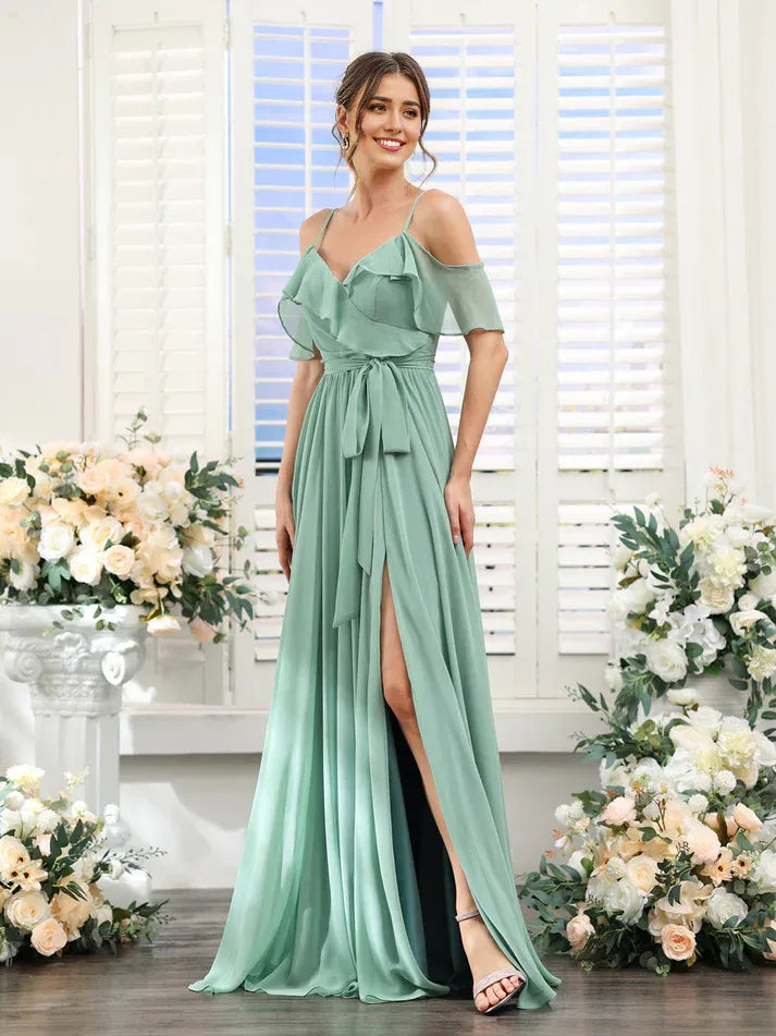 Spaghetti Strap Chiffon High Slit Wedding Dress - Yihuiw by Yihuiw